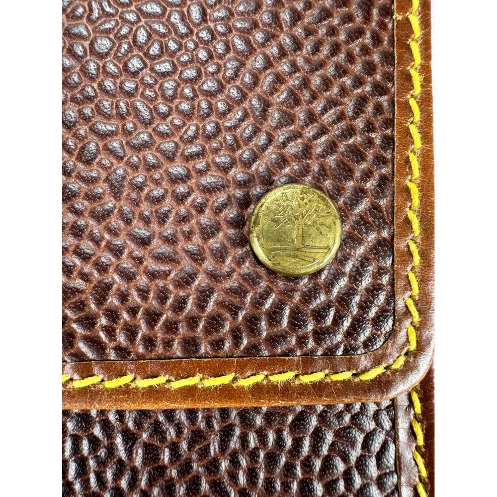 Timberland Mens Brown Pebbled Leather Bifold Wallet Yellow Stitch Snap Closure